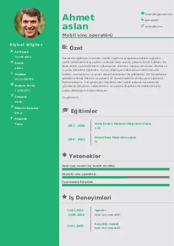 Vinç Operatörü Cv Örnekleri cv indir